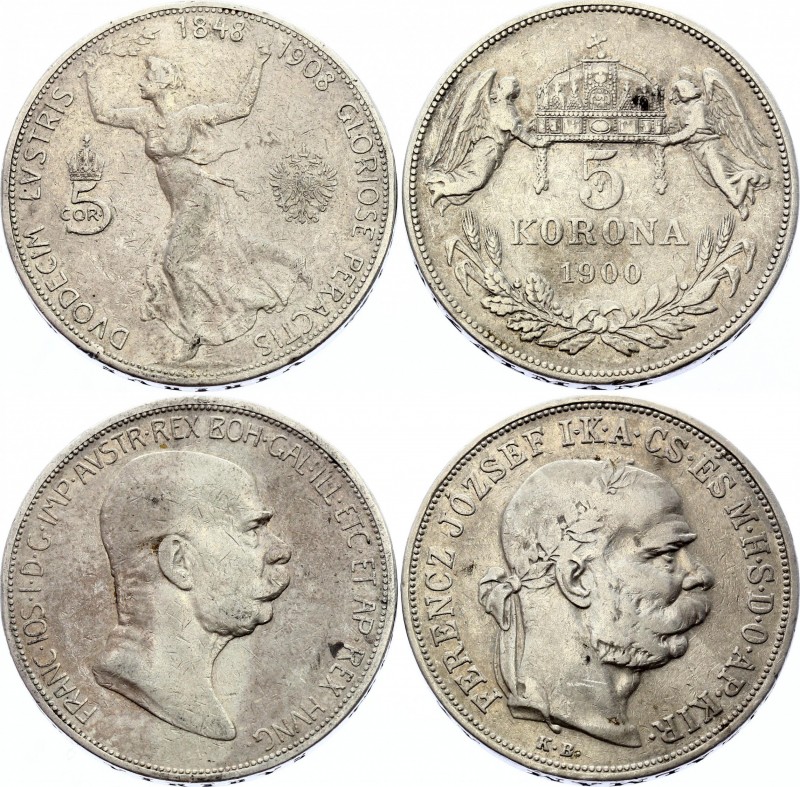 Austria-Hungary Lot of 2 Coins 1900 -1908
5 Corona 1908 & 5 Korona 1900; Silver...