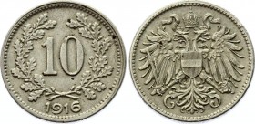 Austria 10 Heller 1916
KM# 2825; Copper-Nickel-Zink; Franz Joseph I Obv: Austrian shield on crowned double eagle’s breast Rev: Value within wreath, d...