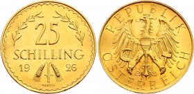 Austria 25 Shilling 1926 
KM# 2841; Gold (.900) 5,88g.; Obv: Imperial Eagle with Austrian shield on breast, holding hammer and sickle; Rev: Value at ...