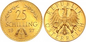 Austria 25 Shilling 1927 
KM# 2841; Gold (.900) 5,88g.; Obv: Imperial Eagle with Austrian shield on breast, holding hammer and sickle; Rev: Value at ...