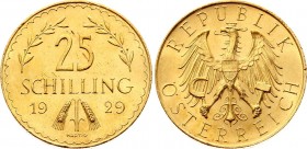 Austria 25 Shilling 1929 
KM# 2841; Gold (.900) 5,88g.; Obv: Imperial Eagle with Austrian shield on breast, holding hammer and sickle; Rev: Value at ...