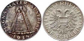 Austria 5 Schilling 1934 
KM# 2853; Silver; Standing figure of Madonna of Mariazell; UNC with Nice Toning