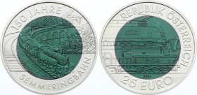 Austria 25 Euro 2004 150th Anniversary of Semmering Alpine Railway
Bimetallic: niobium center in silver (.900) ring • 17.15 g • ⌀ 34 mm; KM# 3109...