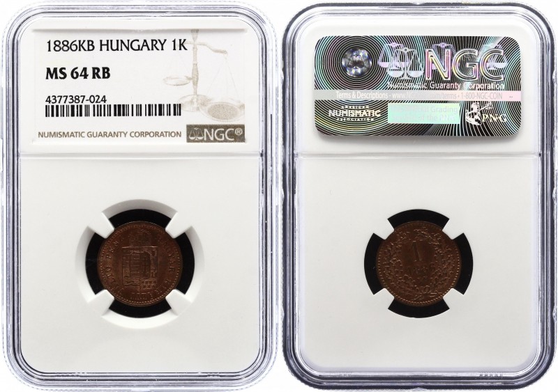 Hungary 1 Krajczar 1886 KB NGC MS 64 RB
KM# 458; Franz Joseph I. Copper, Red UN...