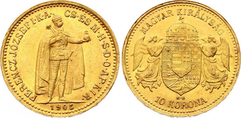 Hungary 10 Korona 1905 KB
KM# 485; Gold (.900) 3,39g.; Franz Joseph I Obv: Empe...