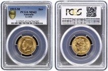 Australia 1 Sovereign 1912 M - Melbourne PCGS MS 62
KM# 29; Gold (.917) 7.99g 21mm; George V