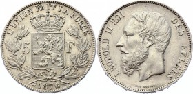 Belgium 5 Francs 1876 
KM# 24; Silver; Léopold II