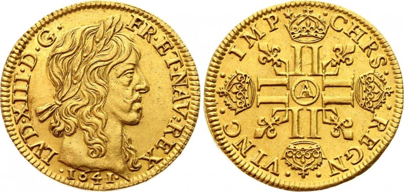 France Louis D'or 1641 A
KM# 105; Gold 6,68g.; Louis XIII; laureate head with s...