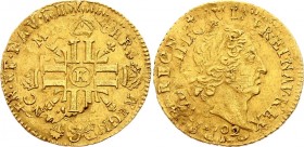France 1/2 Louis D'or 1702 K RRRR
KM# 332,5 ?; Gold 3,26g.; Louis XIV; Mint: Bordeaux. Unlisted in Catalogue! Very Rare!!! We haven't found any aucti...
