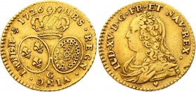 France 1/2 Louis D'or 1726 G
KM# 488.5; Gold 4,00g.; Louis XV Obv: Draped bust left Rev: Crown above two oval arms Mint: Poitiers.