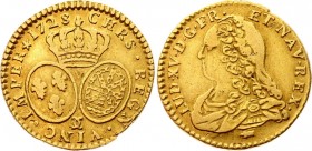 France 1/2 Louis D'or 1728 
KM# 488.16; Gold 3,95g.; Louis XV Draped bust left Rev: Crown above two oval arms Mint: Besançon Note: Mint mark: Back to...