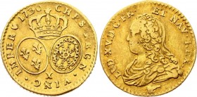 France 1/2 Louis D'or 1730 X
KM# 488.14; Gold 3,98g.; Louis XV Obv: Draped bust left Rev: Crown above two oval arms Mint: Amiens.