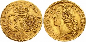 France Louis D'or 1756 A
KM# 513.1; Gold 8,06g.; &#1113088;Louis XV Obv: Head left Obv. Legend: LUD • XV • D • G • FR • ET NAV • REX • Rev: Crown abo...