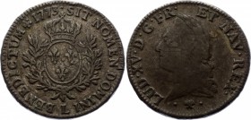France 1 Ecu 1773 L
Dy# 1685; Silver; Louis XV