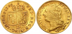 France Louis D'or 1786 D
KM# 591.5; Gold 7,55g.; Louis XVI Obv: Head left Rev: Crowned arms of France and Navarre in shields Mint: Lyon.