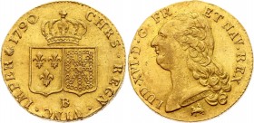 France 2 Louis D'or 1790 B
KM# 592.3; Gold 14,71g.; Louis XVI Obv: Head left Rev: Crowned arms of France and Navarre in shields Mint: Rouen.