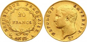 France 20 Francs 1804 AN13 A
KM# 663.1; Gold (.900) 6,37g.; Redesigned head Obv. Legend: NAPOLEON EMPEREUR Rev: Denomination within wreath Rev. Legen...