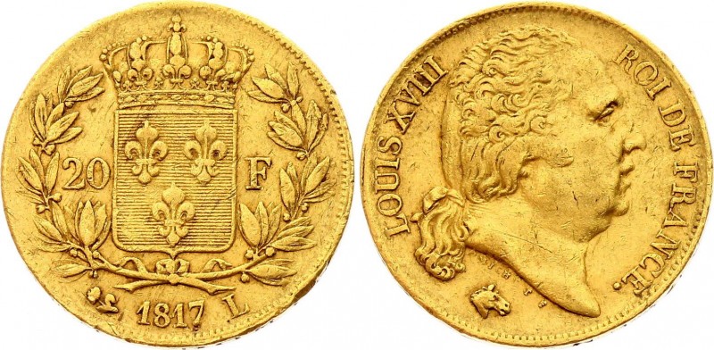 France 20 Francs 1817 L
KM# 712.5; Gold 6,37g.; Louis XVIII Obv: Head right Rev...