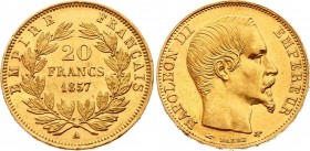 France 20 Francs 1857 A
KM# 781.1; Napoleon III. Gold (.900), 6.45g. UNC. Rare in this condition.