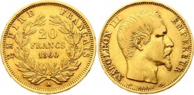 France 20 Francs 1860 A
KM# 781; Gold (.900) 6.45g 21mm; Napoleon III