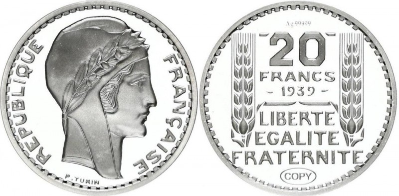 France 20 Francs 1939 Proof Restrike
KM# 879; Silver (.999) 9.89g; Proof; Maria...