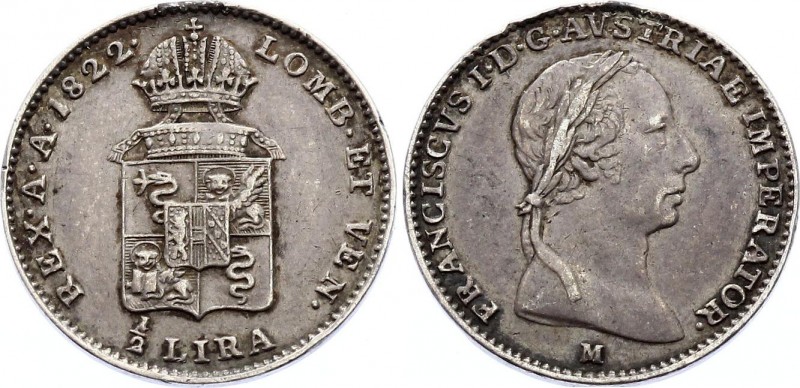 Italy Lombardy-Venetia 1/2 Lira 1822 M - Milan
C# 5.2; Silver; Franz I; Unmount...