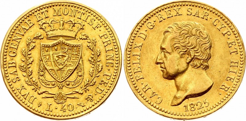 Italy Sardinia 40 Lire 1825 L
KM# 120.1; Gold 12,75g.; Carlo Felice Obv: Head t...