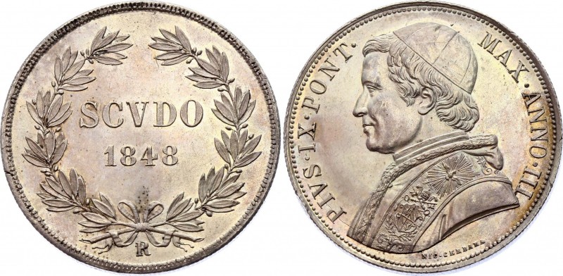 Italy Papal States 1 Scudo 1848 R
Dav# 194; Pagani# 311, Silver; AUNC.