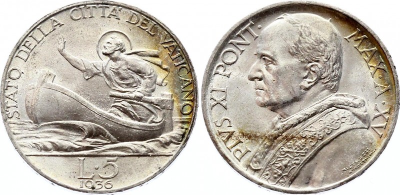 Vatican 5 Lire 1936 
KM# 7; Silver; Pivs XI; Mintage 40.000 Pcs; UNC