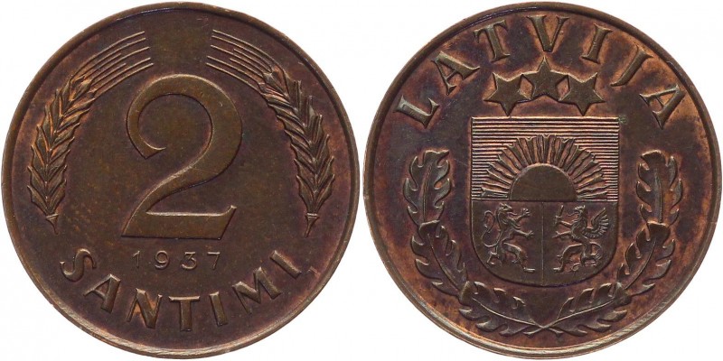 Latvia 2 Santimi 1937 Rare
KM# 11.1; Bronze 2,02g.; Key Date