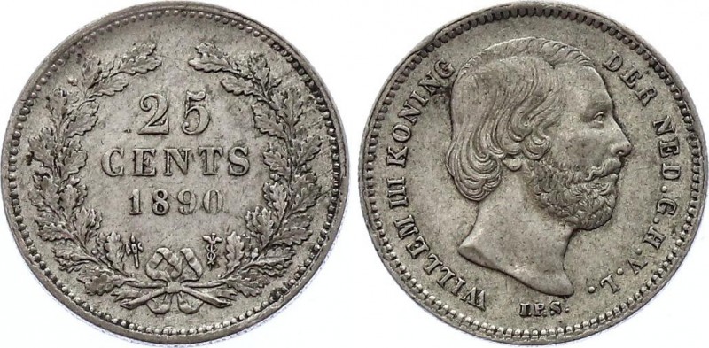 Netherlands 25 Cents 1890 .
KM# 81; Dot after date; Silver; Willem III; VF