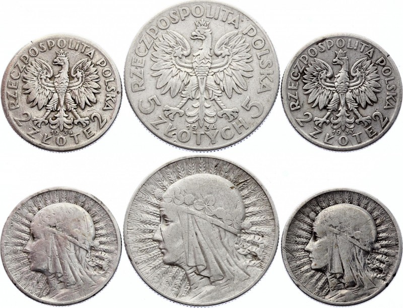 Poland Lot of 3 Coins 1933 -1934
2 & 5 Zlotych 1933 & 1934; Silver