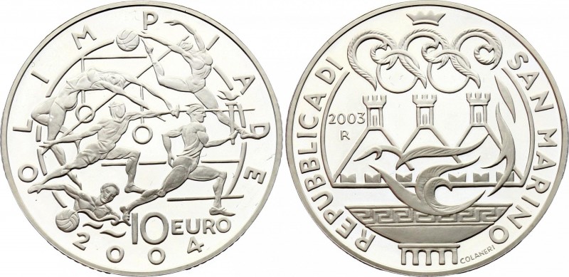 San Marino 10 Euro 2003 R
KM# 454; 2004 Olympics Obv: Three stylized towers Rev...