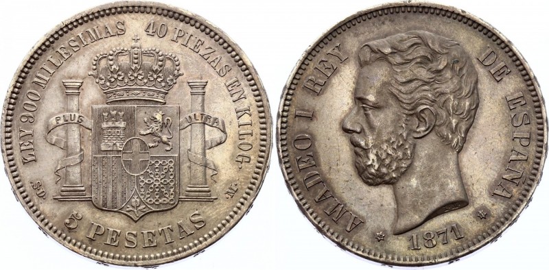 Spain 5 Pesetas 1871 SD-M
KM# 666; Silver; AUNC