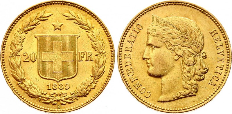 Switzerland 20 Francs 1889 B
KM# 31.3; Gold (.900), 6,45g.; Crowned head left O...