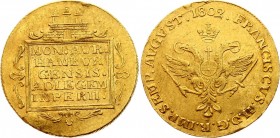 German States Hamburg 2 Ducat 1802 
KM# 506.1; Gold 6,90g.; Obv: Legend within MS60 MS63 square ornamental frame Rev: Crowned orb at center of double...