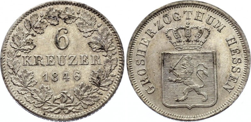 German States Hessen-Darmstadt 6 Kreuzer 1846 
KM# 318; Silver; Ludwig II; UNC