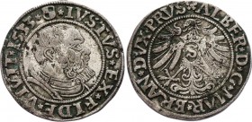 German States Prussia 1 Groschen 1533 Königsberg
Neumann# 45; Silver; Albert, Duke of Brandenburg-Ansbach (1525-1569); Obv: IVSTVS EX FIDE VIVIT; Rev...