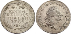 German States Prussia 1/3 Thaler 1784 B
KM# 329; Silver; Friedrich II Obv: Old head Obv. Legend: FRIDERICUS BORUSSORUM REX Rev: Value, date within pa...