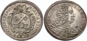 German States Regensburg - Reichsstadt 1/4 Thaler 1711 - 1740 Rare
Beckenbauer# 6334; Silver 7,03g.; As: Crossed town keys in round coat of arms with...