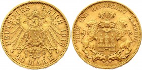 Germany - Empire Hamburg 20 Mark 1913 G
KM# 618; Gold (.900), 7,92g.; Helmeted arms with lion supporters Obv. Legend: FREIE UND HANSESTADT HAMBURG Re...