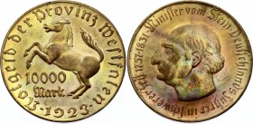 Germany - Weimar Republic Westphalia 10000 Mark 1923 Rare
J# N20a; F#645.7B Ø44.0mm (small rim, low relief); UNC with Amazing Patina