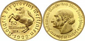 Germany - Weimar Republic Westphalia 50 Millionen Mark 1923 Rare
J# N23a; F#645.12B (narrow rim) Rare; Gold plated bronze 30.56g 44mm; UNC
