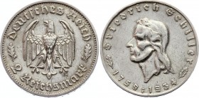 Germany - Third Reich 2 Reichsmark 1934 F
KM# 84; Silver; 175th Anniversary Friedrich Schiller; XF
