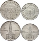 Germany - Third Reich Lot of 2 Coins 1934 
2 Reichsmark 1934 D, 5 Reichsmark 1936 D; Silver