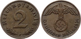 Germany - Third Reich 2 Reichspfennig 1936 F Rare!
KM# 90; Bronze, AUNC. One of 3 rarest dates of this type.