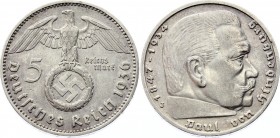 Germany - Third Reich 5 Reichsmark 1936 J
KM# 94; Silver; Paul von Hindenburg; XF