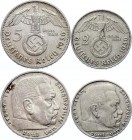 Germany - Third Reich Lot of 2 Coins 1936 
2 Reichsmark 1936 D, 5 Reichsmark 1936 G; Silver