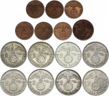 Germany - Third Reich Lot of 15 Coins 1937 -1939
1 Reichspfennig 1937-1939 & 2 Reichsmark 1937-1938; With Silver; All are with Swastika