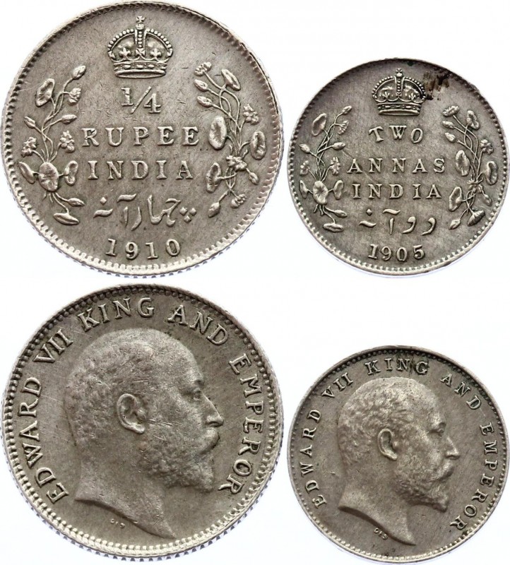 British India Lot of 2 Coins 1905 -1910
2 Annas & 1/4 Rupee 1905 - 1910; Silver...